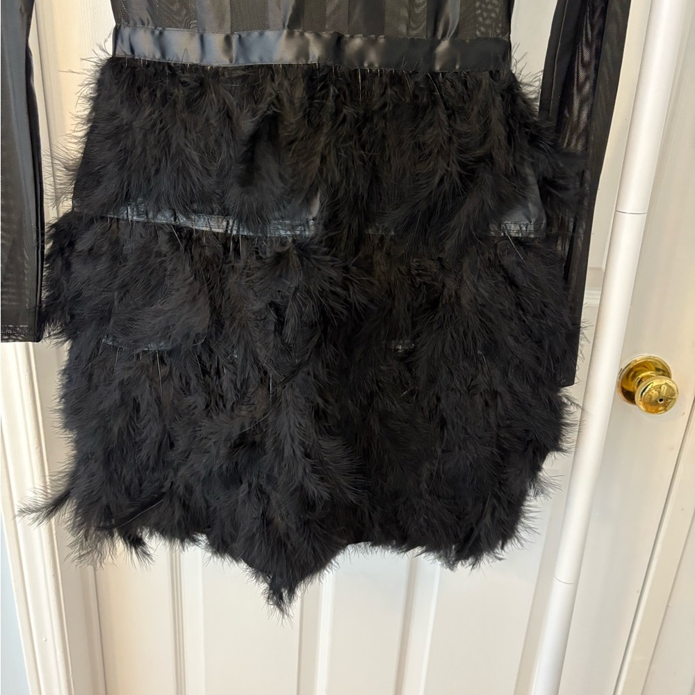 PrettyLittleThing Black Semi Sheer Feathered Long Sleeve Dress Size 0 - Picture 9 of 14